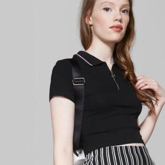 Wild Fable Half Zip Black Polo Crop Shirt - Picture 1 of 4